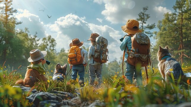 Cute kids and their pets exploring a forest with binoculars and maps, discovering new wildlife and learning about nature during their exciting adventure realistic photo, high resolution , Minimalism,