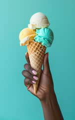 Ice cream, summer concept. Hand holding Ice cream with waffle cone, scoops on bright vibrant color pastel solid background. Summer creative layout, ice cream minimal fashion idea. Realistic photo