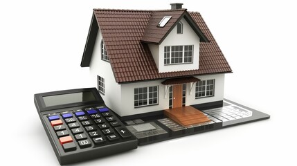 House Model with Calculator on White Background
