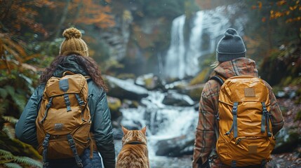 A couple with their cat hiking up a forest trail, discovering hidden waterfalls and capturing the magic and serenity of their adventure in nature realistic photo, high resolution , Minimalism,