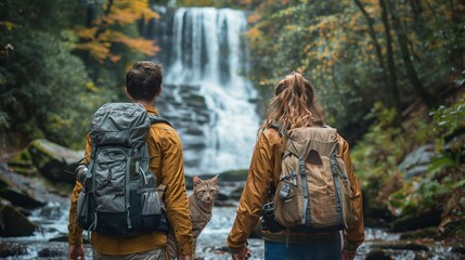 Fototapeta premium A couple with their cat hiking up a forest trail, discovering hidden waterfalls and capturing the magic and serenity of their adventure in nature realistic photo, high resolution , Minimalism,