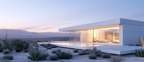 Fototapeta premium A white house with a pool and a tree in front of it