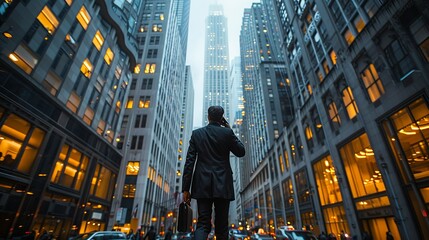 Fototapeta premium Businessman walking briskly through a bustling city street, briefcase in hand and phone to his ear, surrounded by towering skyscrapers and the hustle and bustle of urban life realistic photo, high