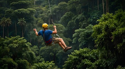 Man ziplines through Costa Rican rainforest on thrilling adventure. Concept Adventure Travel, Costa Rica, Rainforest, Ziplining, Thrilling Experience. generative.ai
