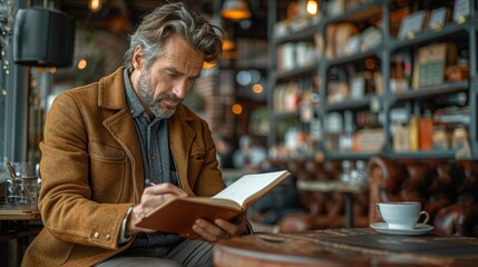 Businessman seated in a stylish coffee shop, jotting down notes in a leather-bound notebook, surrounded by the cozy ambiance of the cafÃ© realistic photo, high resolution , Minimalism,