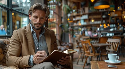 Businessman seated in a stylish coffee shop, jotting down notes in a leather-bound notebook, surrounded by the cozy ambiance of the cafÃ© realistic photo, high resolution , Minimalism,