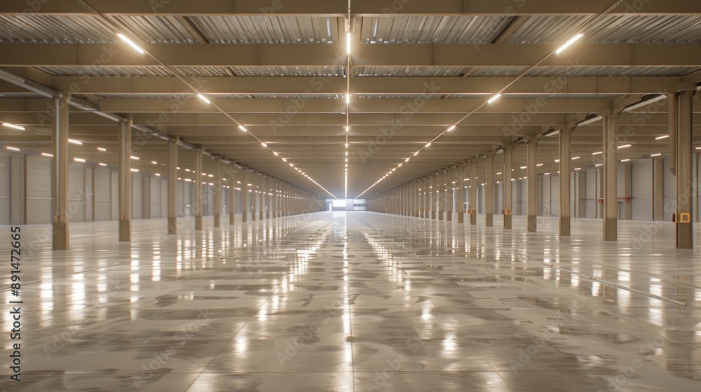 Poster a large, empty warehouse with a lot of light shining on the floor. the space is very open and empty,