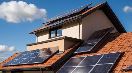 Image of the roof of a house with solar panels installed. The roof of the house, the house has a dark color and around the house there are trees which give a natural and green impression. The chimney 