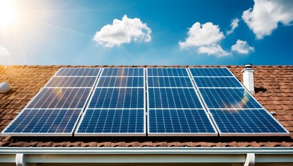 Naklejka premium Image of the roof of a house with solar panels installed. The roof of the house, the house has a dark color and around the house there are trees which give a natural and green impression. The chimney 