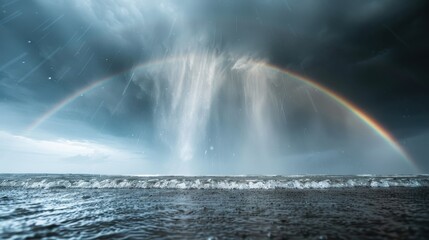 A dramatic seascape with stormy clouds, a rainbow, and crashing waves captured in a dynamic and captivating shot that highlights the power and beauty of nature.