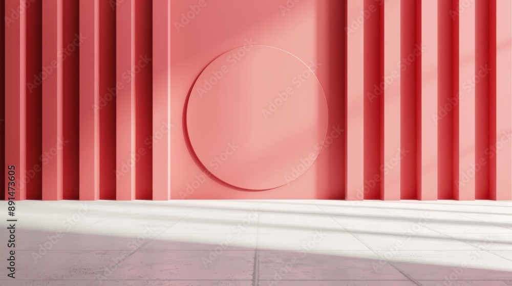 Poster a minimalist architectural design featuring a pink wall with vertical ridges, highlighted by a cente
