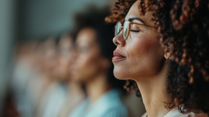 Two individuals are observed attentively listening in a crowded setting, with their profiles in focus, embodying concentration and engagement in a shared moment.