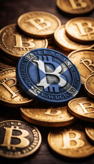 Multiple Bitcoin coins with a prominent one overlaid with the Scotland flag, highlighting involvement in the cryptocurrency market.