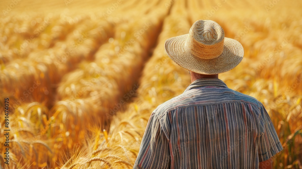 Poster a man wearing a straw hat is walking through a field of wheat. the field is very long and the man is