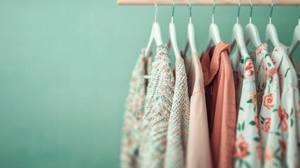 Clothes in soft pastel shades hang side by side on white hangers, showcasing floral prints and textured fabrics, set against a mint green wall, conveying freshness and calmness.