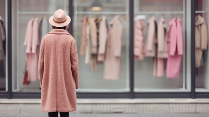 A person with a hat is seen from the back, standing in front of a store window showcasing various pink and beige coats, indicating a winter fashion store display.