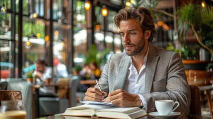 Businessman sitting in a modern caf&Atilde;&copy;, jotting down ideas in a notebook and sipping an espresso, immersed in his work realistic photo, high resolution , Minimalism,