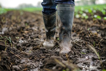 Obraz premium A person is walking through a muddy field wearing boots. The boots are dirty and wet, indicating that the person has been walking through the mud