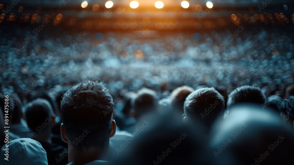 Poster a dense crowd of people viewed from behind with a focus on the stage lights ahead, creating an atmos