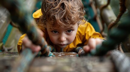A child in a yellow jacket is climbing on a rope wall, emphasizing adventure, determination, and youthful energy in an outdoors and engaging play environment.