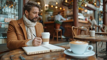 Businessman seated at a coffee shop table, writing in a notebook and sipping a latte, immersed in his work and the cafÃ©'s inviting atmosphere realistic photo, high resolution , Minimalism,