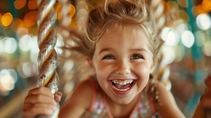 A young child holding onto the carousel poles, surrounded by a blurry background of lights and vibrant colors, capturing the essence of joy and excitement at an amusement park.
