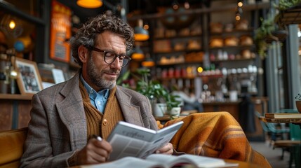 Fototapeta premium Businessman sitting in a trendy coffee shop, reading the latest business news on his tablet, with the cafÃ©'s vibrant atmosphere providing the perfect work setting realistic photo, high resolution ,