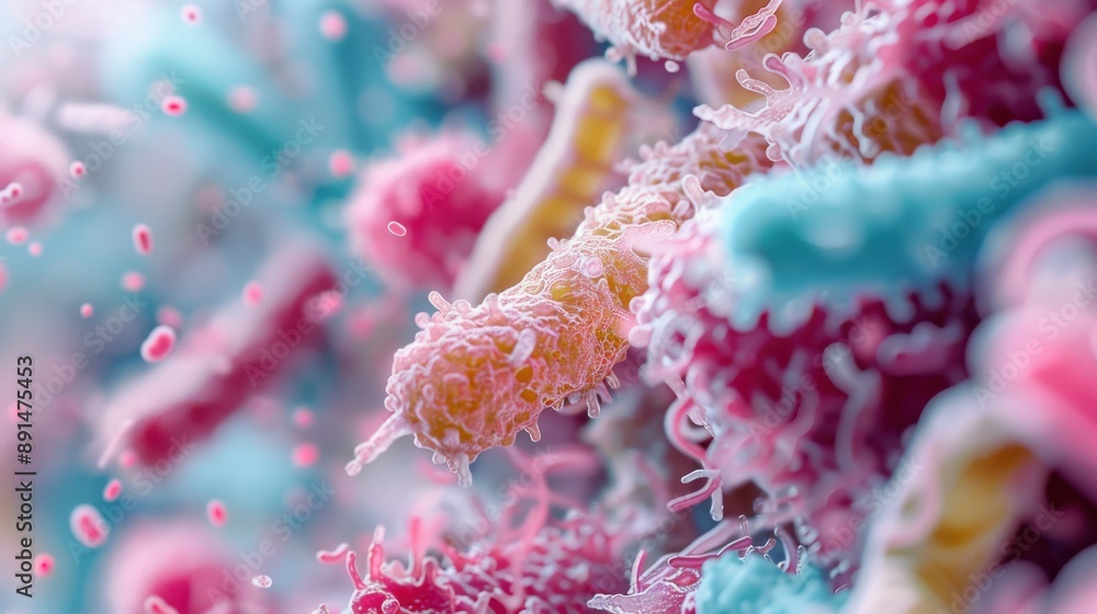 Poster an image displaying pink and blue bacteria in close-up, focusing on the detailed structures and form