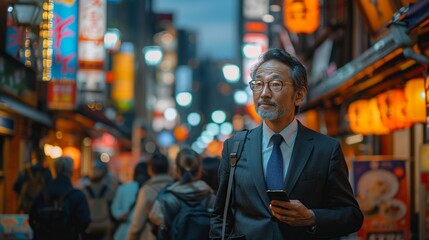 Naklejka premium Businessman walking through a bustling city street, phone in hand and deep in conversation, blending seamlessly into the vibrant urban environment realistic photo, high resolution , Minimalism,