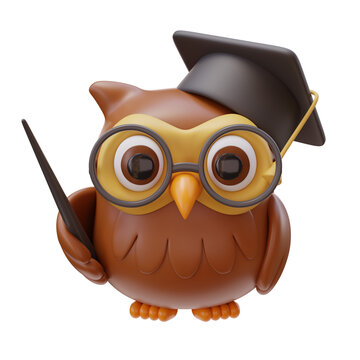 3D Education Concept Icon. Owl character in glasses and Mortarboard. Clever Bird Icon, education design, symbol of wisdom. Back to school. 3d render illustration