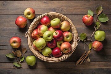 Apples in a Cane Basket on a Wooden Table