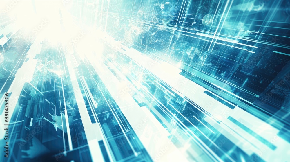 Poster abstract techy background featuring blue and white digital elements, creating a sleek and futuristic