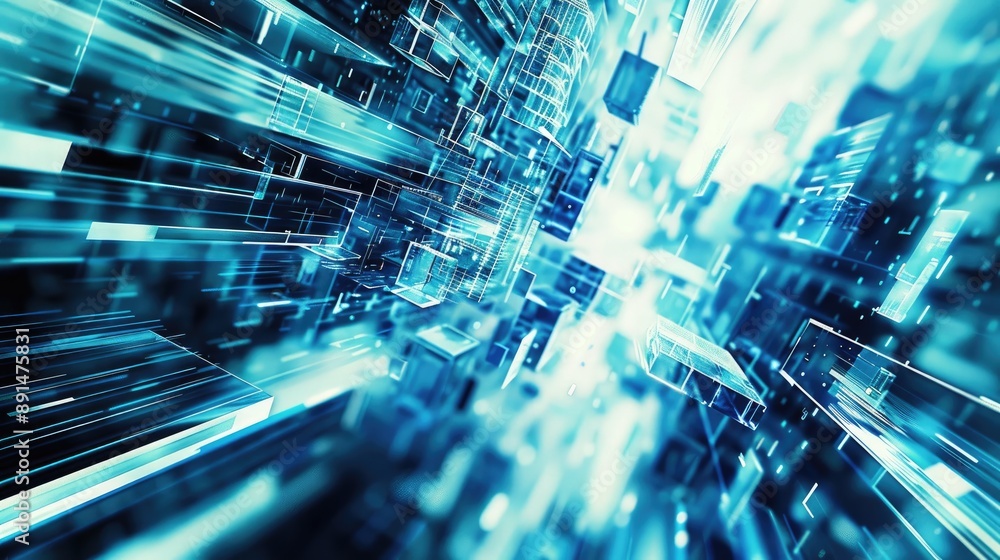 Poster abstract techy background featuring blue and white digital elements, creating a sleek and high-tech 