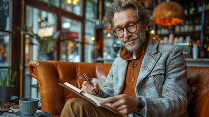 Businessman seated in a stylish coffee shop, jotting down notes in a leather-bound notebook, surrounded by the cozy ambiance of the cafÃ© realistic photo, high resolution , Minimalism,