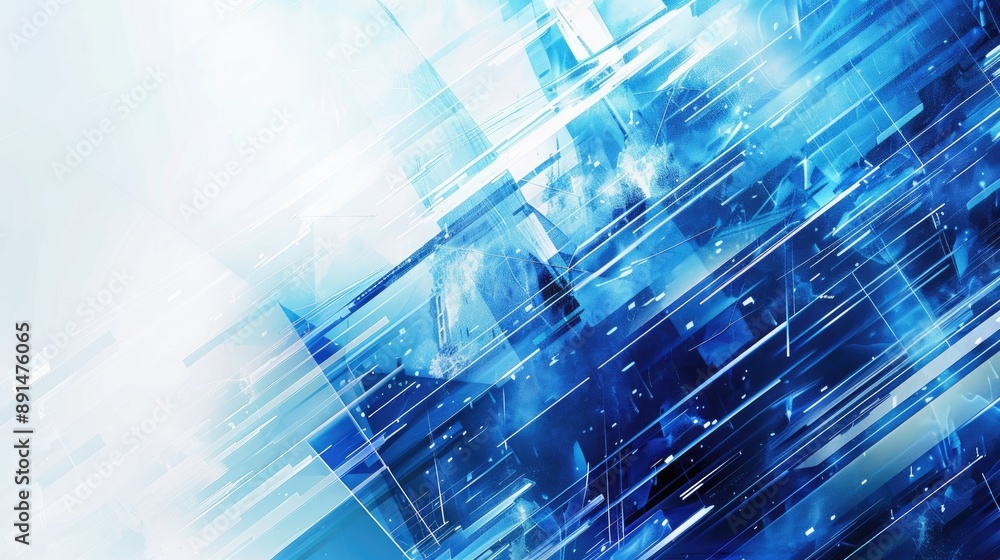 Poster abstract techy background featuring blue and white digital elements, creating a sleek and futuristic