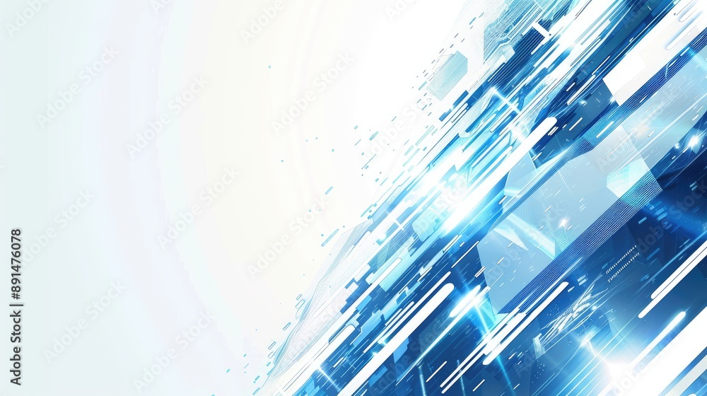 Poster abstract techy background featuring blue and white digital elements, creating a high-tech and sleek 