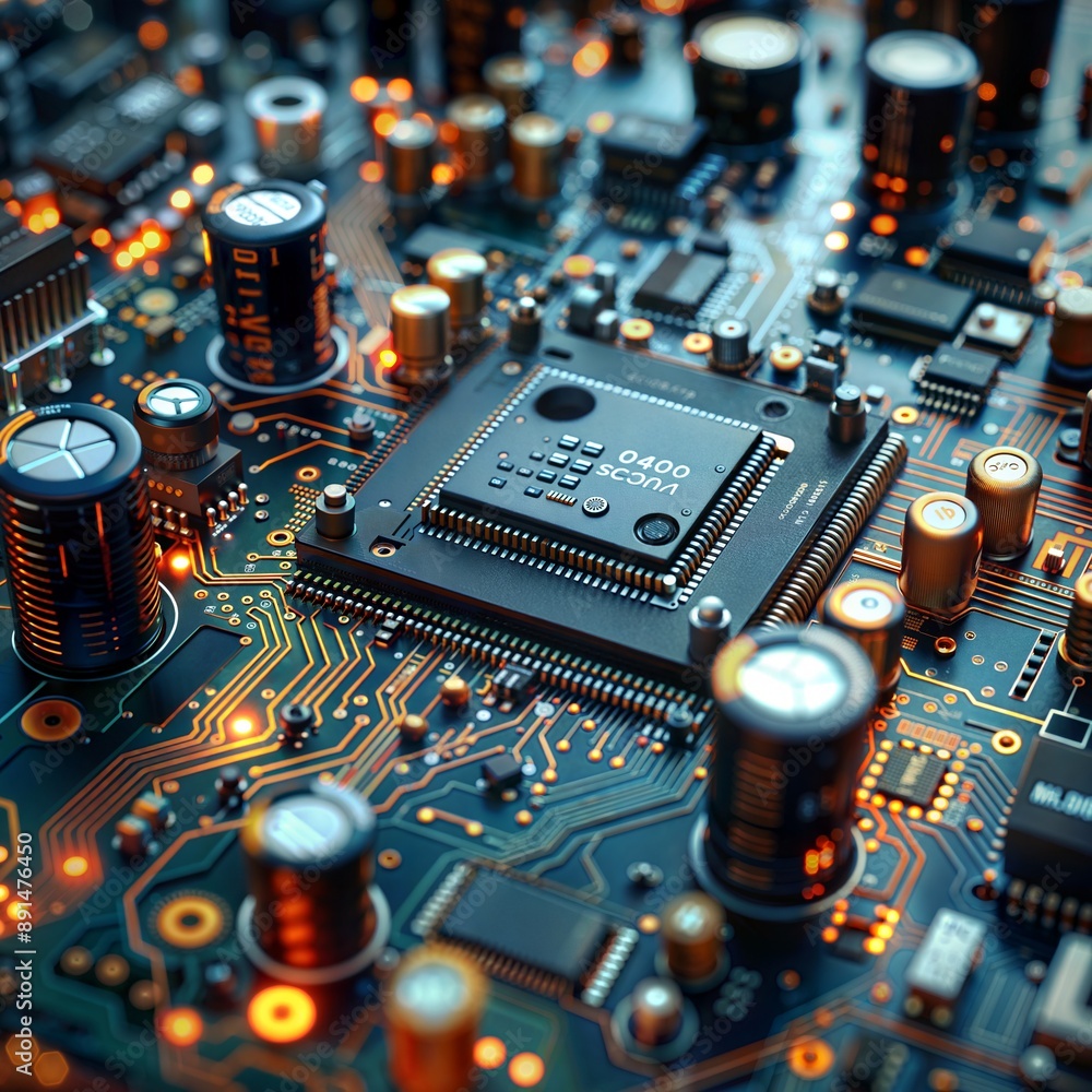 Aufkleber close-up of modern microchip on circuit board with glowing lights