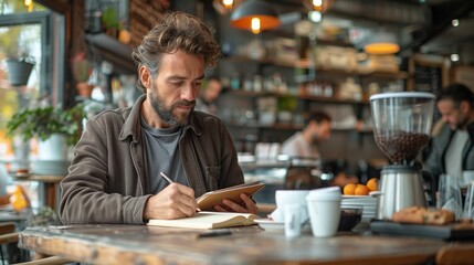 Fototapeta premium Businessman seated at a coffee shop counter, writing in a notebook and sipping an espresso, immersed in his work amidst the cafÃ©'s friendly chatter realistic photo, high resolution , Minimalism,