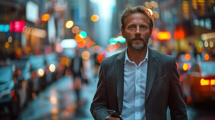 Fototapeta premium Businessman walking down a city street during rush hour, phone in hand and a look of determination on his face, representing the drive and ambition of urban professionals realistic photo, high
