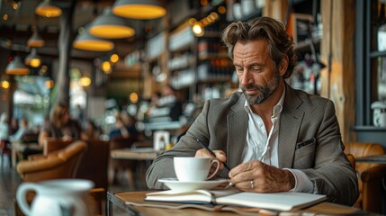 Businessman seated in a modern cafe, writing in a journal and sipping an espresso, surrounded by the stylish and contemporary interior of the coffee shop realistic photo, high resolution , Minimalism,