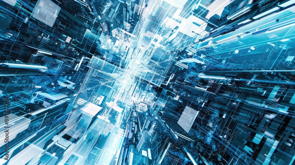 Poster blue and white techy background with digital patterns, ideal for a futuristic and modern design.