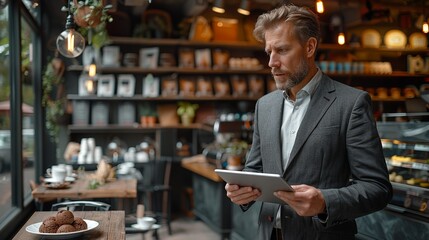 Professional businessman in a stylish coffee shop, holding a tablet and conducting a video call, with the cafÃ©'s ambiance enhancing the scene realistic photo, high resolution , Minimalism,