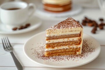  slice coffee cake on white plate, white wood background 