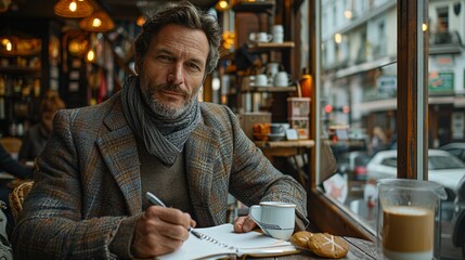 Fototapeta premium Businessman sitting in a cozy coffee shop, writing in a journal and enjoying a cup of coffee, surrounded by the cafÃ©'s warm and inviting interior realistic photo, high resolution , Minimalism,