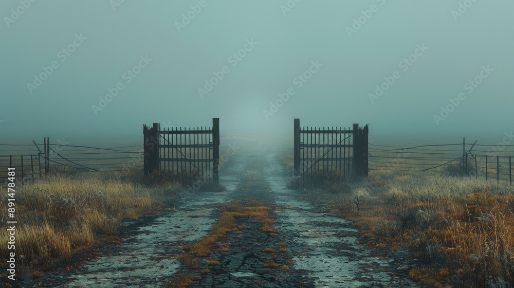 Poster a foggy, desolate scene with a gate in the middle of a field. the gate is open and the sky is cloudy
