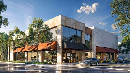 Obraz premium A modern, versatile space for sale or lease in a diverse building featuring both retail and office options, complete with an awning. 