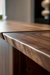Obraz premium A close-up of the edge profile on an exquisite walnut desk, showcasing its natural grain and texture, with a blurred background that suggests it is part of a minimalist home office setting. 