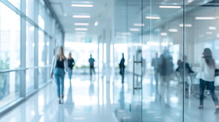 White, light gray and sky blue business office with blurred people casual wear 
