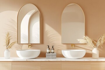 Beige wall with two arched mirrors above wooden double sink on marble counter in bathroom interior, mockup for poster or artwork design, close up 