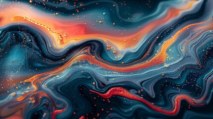 Obraz premium Hyper-realistic fluid art background, swirling colors blending seamlessly, vibrant blues, reds, and golds creating intricate patterns, macro detail capturing the texture and depth